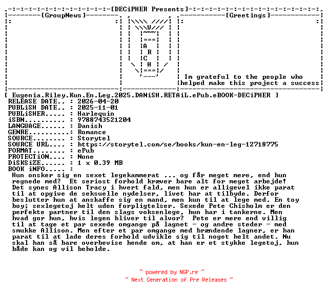 NFO for the release Eugenia.Riley.Kun.En.Leg.2025.DANiSH.RETAiL.ePub.eBOOK-DECiPHER by DECiPHER