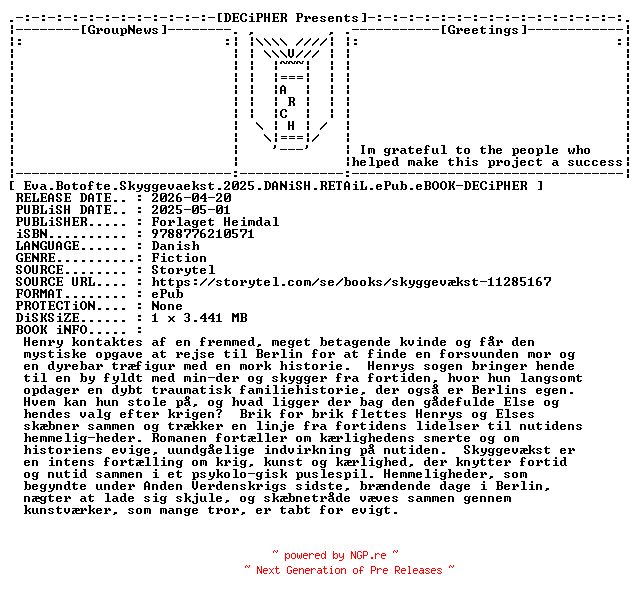 NFO for the release Eva.Botofte.Skyggevaekst.2025.DANiSH.RETAiL.ePub.eBOOK-DECiPHER by DECiPHER