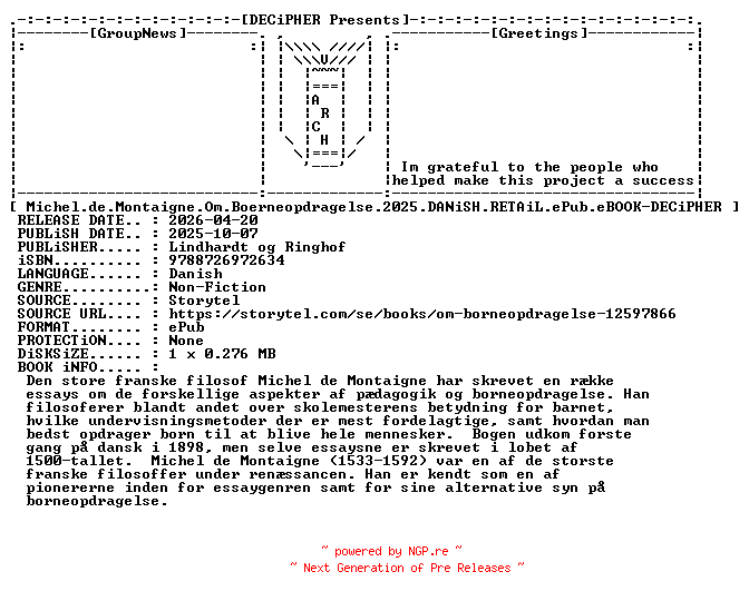 NFO for the release Michel.De.Montaigne.Om.Boerneopdragelse.2025.DANiSH.RETAiL.ePub.eBOOK-DECiPHER by DECiPHER