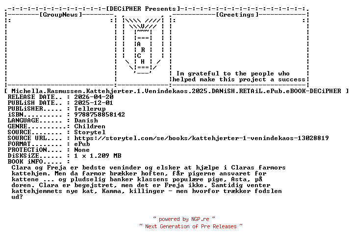 NFO for the release Michella.Rasmussen.Kattehjerter.1.Venindekaos.2025.DANiSH.RETAiL.ePub.eBOOK-DECiPHER by DECiPHER