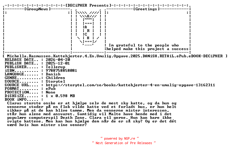 NFO for the release Michella.Rasmussen.Kattehjerter.4.En.Umulig.Opgave.2025.DANiSH.RETAiL.ePub.eBOOK-DECiPHER by DECiPHER