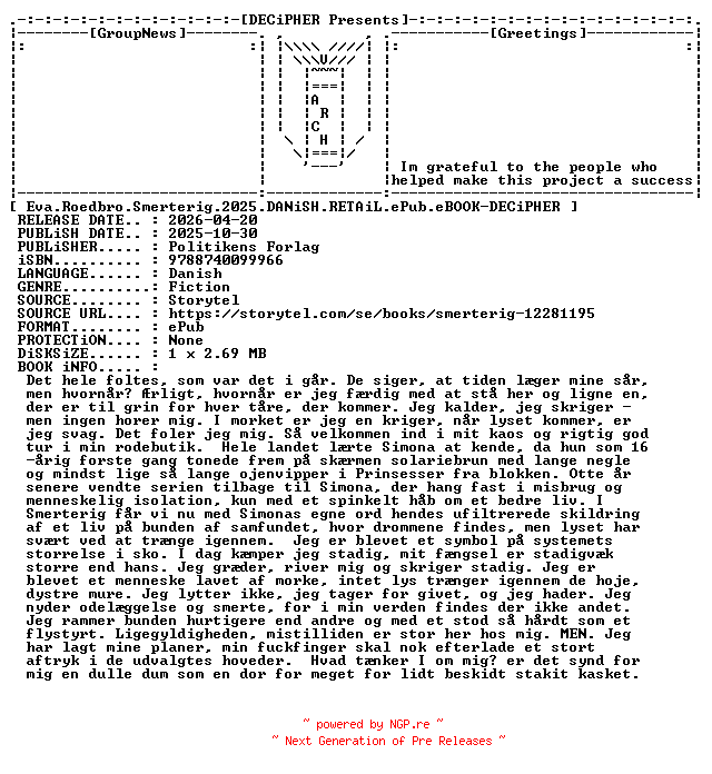 NFO for the release Eva.Roedbro.Smerterig.2025.DANiSH.RETAiL.ePub.eBOOK-DECiPHER by DECiPHER
