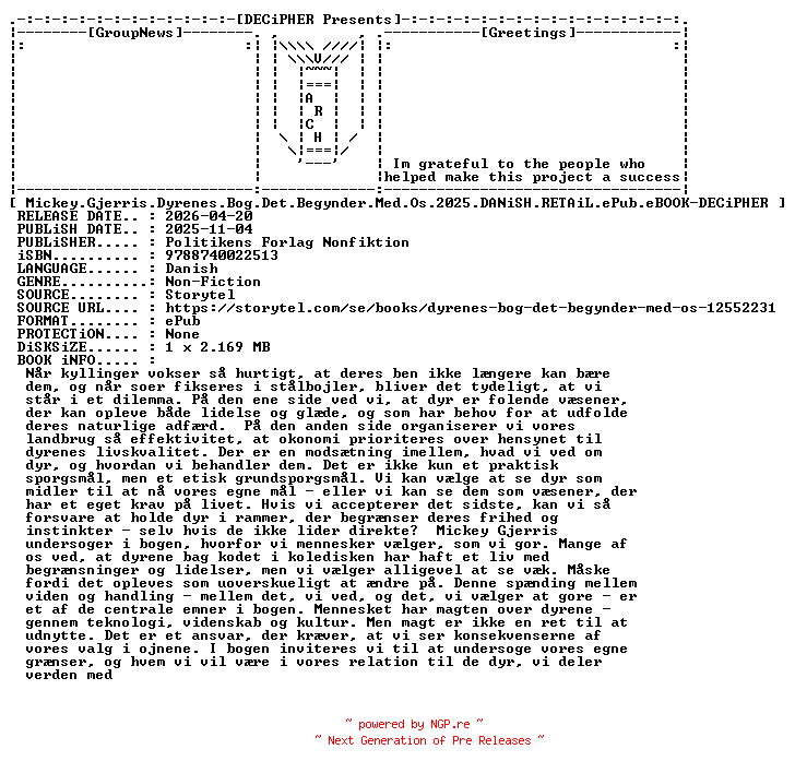 NFO for the release Mickey.Gjerris.Dyrenes.Bog.Det.Begynder.Med.Os.2025.DANiSH.RETAiL.ePub.eBOOK-DECiPHER by DECiPHER