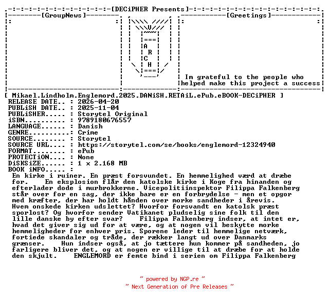 NFO for the release Mikael.Lindholm.Englemord.2025.DANiSH.RETAiL.ePub.eBOOK-DECiPHER by DECiPHER