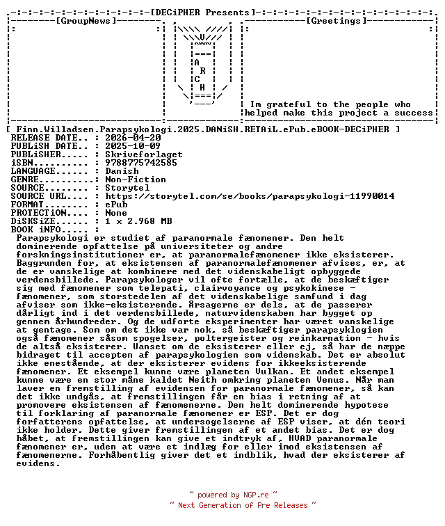 NFO for the release Finn.Willadsen.Parapsykologi.2025.DANiSH.RETAiL.ePub.eBOOK-DECiPHER by DECiPHER