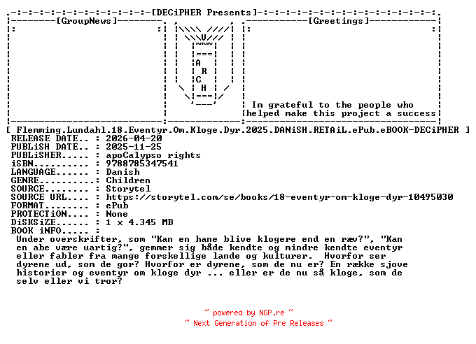 NFO for the release Flemming.Lundahl.18.Eventyr.Om.Kloge.Dyr.2025.DANiSH.RETAiL.ePub.eBOOK-DECiPHER by DECiPHER