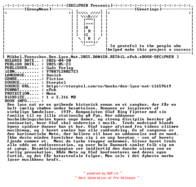 NFO for the release Mikkel.Foensskov.Den.Lyse.Nat.2025.DANiSH.RETAiL.ePub.eBOOK-DECiPHER by DECiPHER
