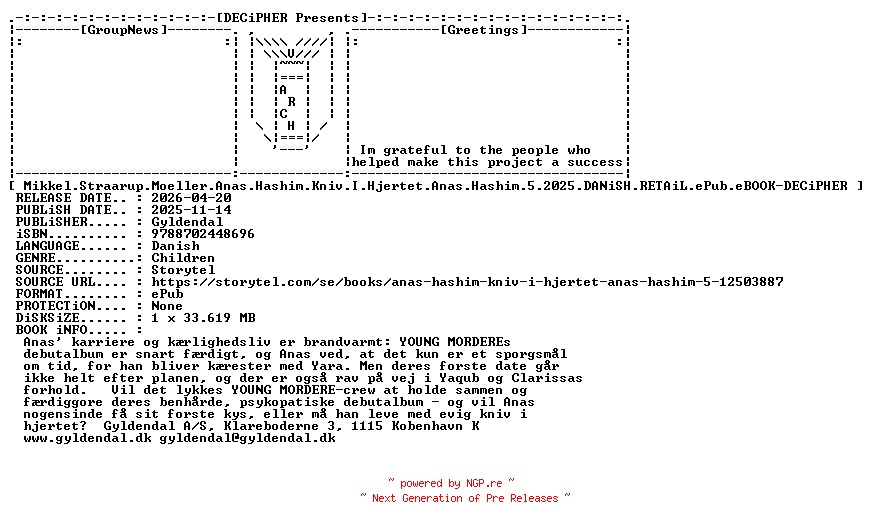 NFO for the release Mikkel.Straarup.Moeller.Anas.Hashim.Kniv.I.Hjertet.Anas.Hashim.5.2025.DANiSH.RETAiL.ePub.eBOOK-DECiPHER by DECiPHER