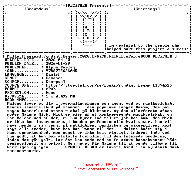 NFO for the release Mille.Thagaard.Syndigt.Begaer.2026.DANiSH.RETAiL.ePub.eBOOK-DECiPHER by DECiPHER