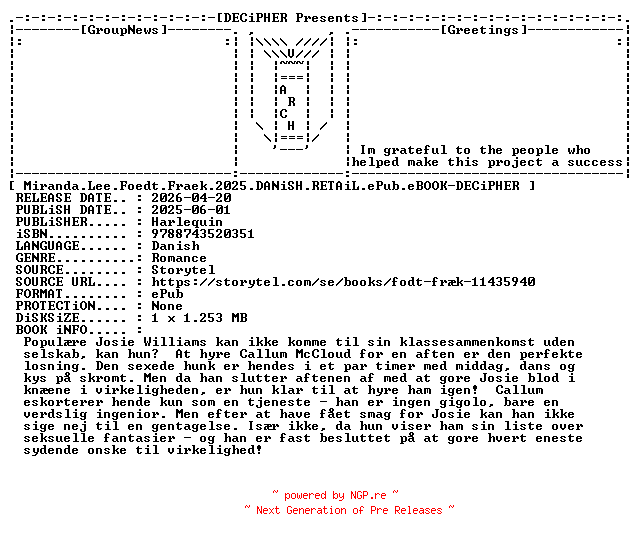 NFO for the release Miranda.Lee.Foedt.Fraek.2025.DANiSH.RETAiL.ePub.eBOOK-DECiPHER by DECiPHER