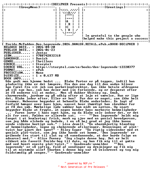 NFO for the release Freida.McFadden.Den.Logerende.2026.DANiSH.RETAiL.ePub.eBOOK-DECiPHER by DECiPHER