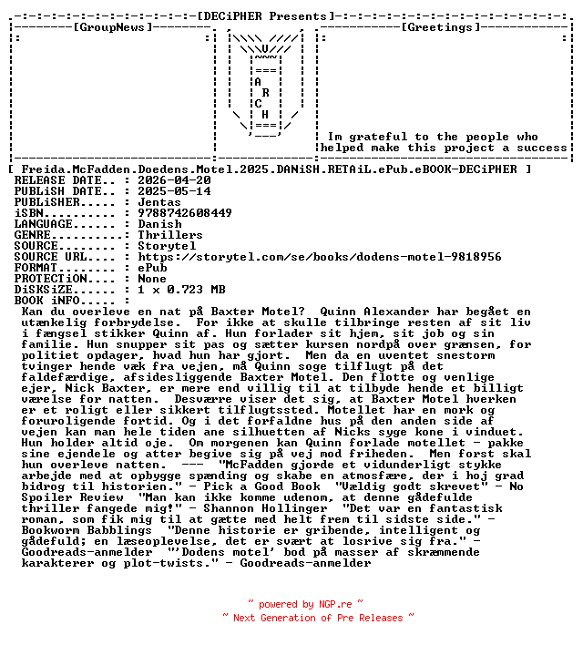 NFO for the release Freida.McFadden.Doedens.Motel.2025.DANiSH.RETAiL.ePub.eBOOK-DECiPHER by DECiPHER