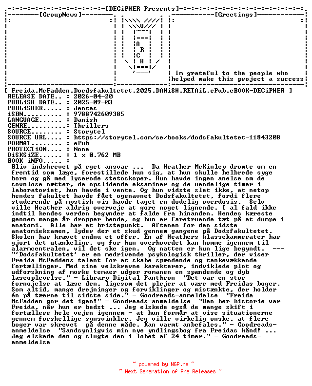 NFO for the release Freida.McFadden.Doedsfakultetet.2025.DANiSH.RETAiL.ePub.eBOOK-DECiPHER by DECiPHER
