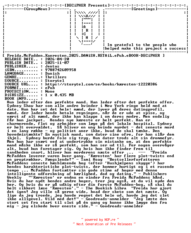 NFO for the release Freida.McFadden.Kaeresten.2025.DANiSH.RETAiL.ePub.eBOOK-DECiPHER by DECiPHER