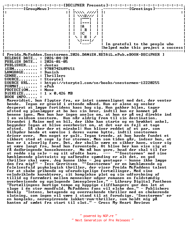 NFO for the release Freida.McFadden.Snestormen.2026.DANiSH.RETAiL.ePub.eBOOK-DECiPHER by DECiPHER