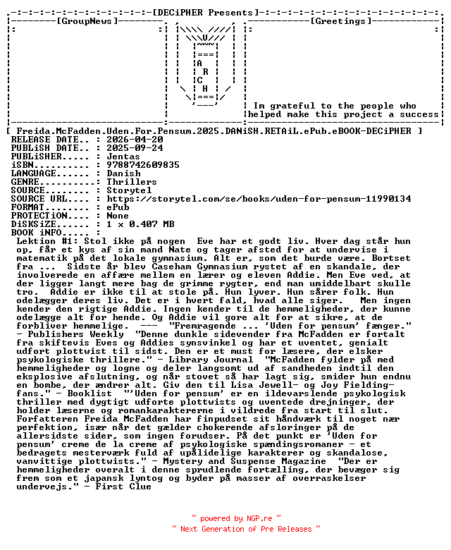 NFO for the release Freida.McFadden.Uden.For.Pensum.2025.DANiSH.RETAiL.ePub.eBOOK-DECiPHER by DECiPHER
