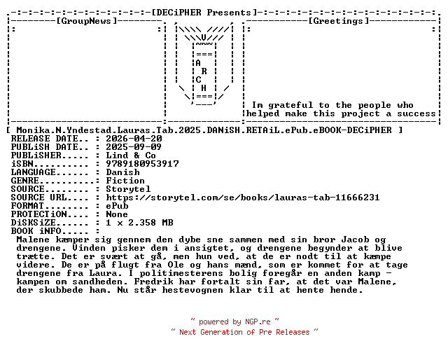 NFO for the release Monika.N.Yndestad.Lauras.Tab.2025.DANiSH.RETAiL.ePub.eBOOK-DECiPHER by DECiPHER