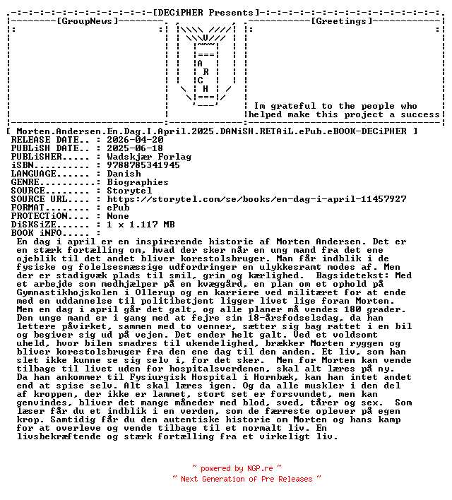 NFO for the release Morten.Andersen.En.Dag.I.April.2025.DANiSH.RETAiL.ePub.eBOOK-DECiPHER by DECiPHER