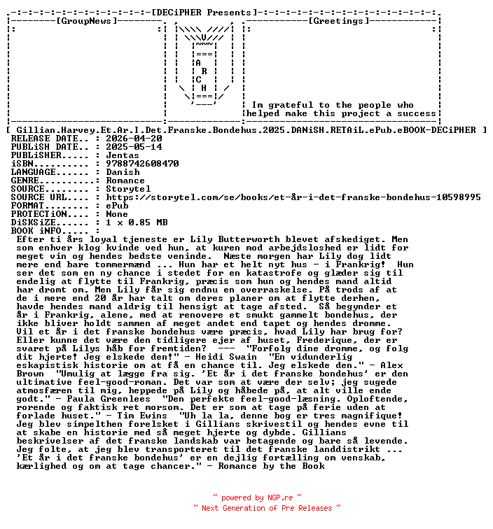 NFO for the release Gillian.Harvey.Et.Ar.I.Det.Franske.Bondehus.2025.DANiSH.RETAiL.ePub.eBOOK-DECiPHER by DECiPHER