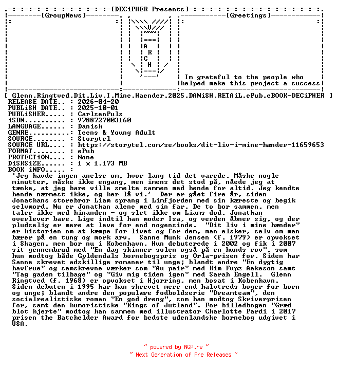 NFO for the release Glenn.Ringtved.Dit.Liv.I.Mine.Haender.2025.DANiSH.RETAiL.ePub.eBOOK-DECiPHER by DECiPHER