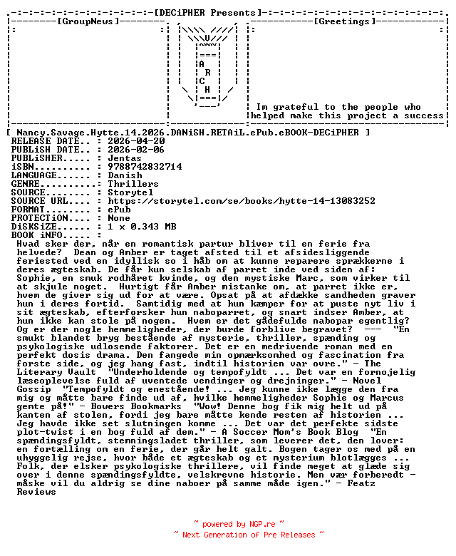 NFO for the release Nancy.Savage.Hytte.14.2026.DANiSH.RETAiL.ePub.eBOOK-DECiPHER by DECiPHER