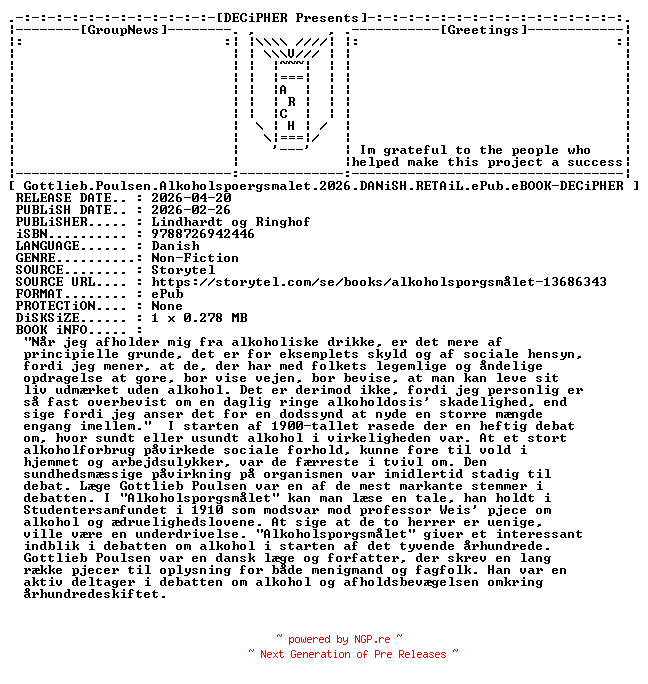 NFO for the release Gottlieb.Poulsen.Alkoholspoergsmalet.2026.DANiSH.RETAiL.ePub.eBOOK-DECiPHER by DECiPHER