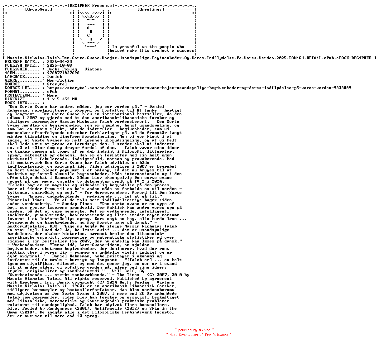 NFO for the release Nassim.Nicholas.Taleb.Den.Sorte.Svane.Hoejst.Usandsynlige.Begivenheder.Og.Deres.Indflydelse.Pa.Vores.Verden.2025.DANiSH.RETAiL.ePub.eBOOK-DECiPHER by DECiPHER