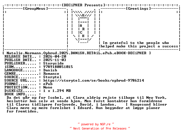 NFO for the release Natalie.Normann.Opbrud.2025.DANiSH.RETAiL.ePub.eBOOK-DECiPHER by DECiPHER