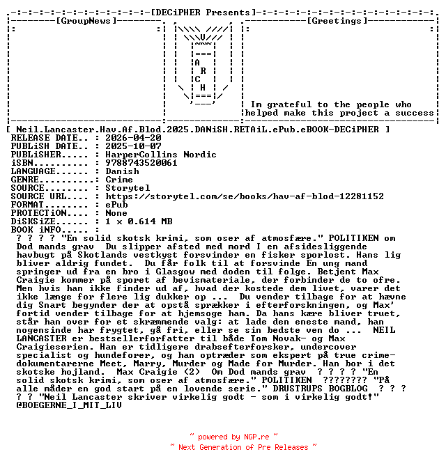 NFO for the release Neil.Lancaster.Hav.Af.Blod.2025.DANiSH.RETAiL.ePub.eBOOK-DECiPHER by DECiPHER