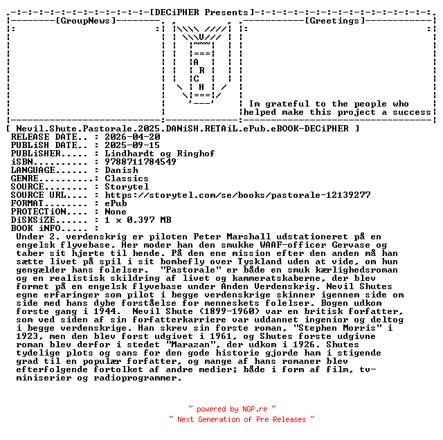 NFO for the release Nevil.Shute.Pastorale.2025.DANiSH.RETAiL.ePub.eBOOK-DECiPHER by DECiPHER