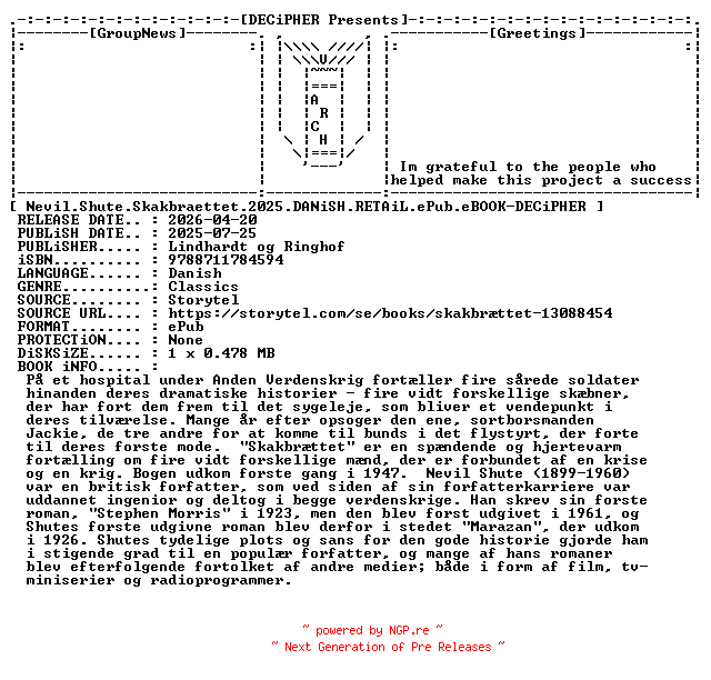 NFO for the release Nevil.Shute.Skakbraettet.2025.DANiSH.RETAiL.ePub.eBOOK-DECiPHER by DECiPHER
