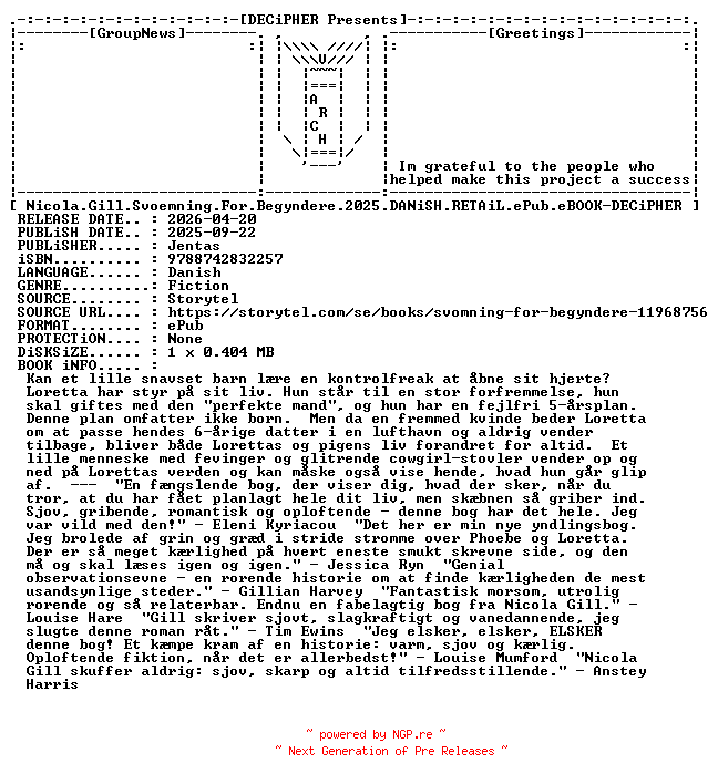 NFO for the release Nicola.Gill.Svoemning.For.Begyndere.2025.DANiSH.RETAiL.ePub.eBOOK-DECiPHER by DECiPHER