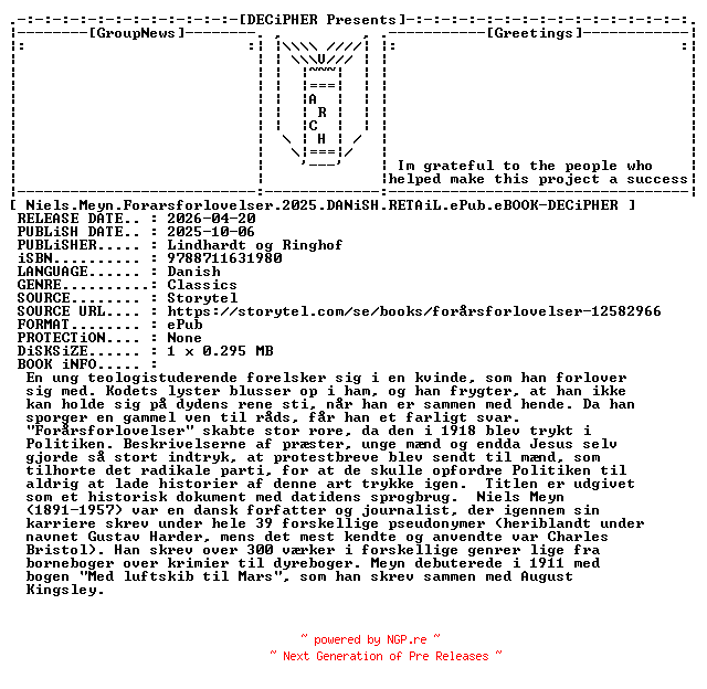 NFO for the release Niels.Meyn.Forarsforlovelser.2025.DANiSH.RETAiL.ePub.eBOOK-DECiPHER by DECiPHER