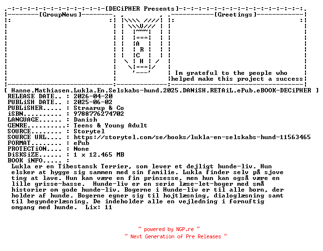 NFO for the release Hanne.Mathiasen.Lukla.En.Selskabs.Hund.2025.DANiSH.RETAiL.ePub.eBOOK-DECiPHER by DECiPHER