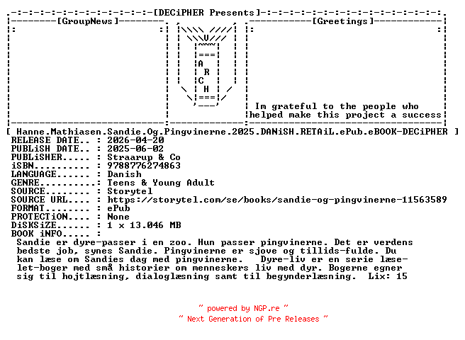 NFO for the release Hanne.Mathiasen.Sandie.Og.Pingvinerne.2025.DANiSH.RETAiL.ePub.eBOOK-DECiPHER by DECiPHER