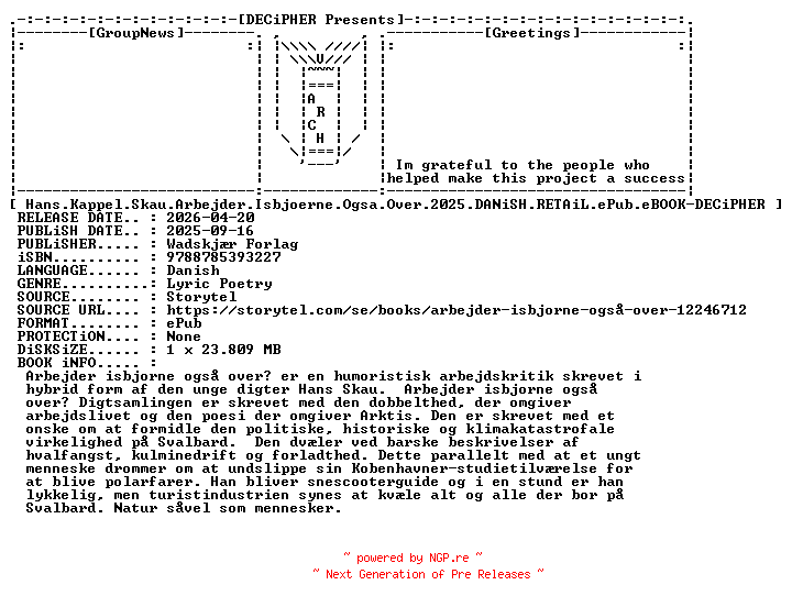 NFO for the release Hans.Kappel.Skau.Arbejder.Isbjoerne.Ogsa.Over.2025.DANiSH.RETAiL.ePub.eBOOK-DECiPHER by DECiPHER
