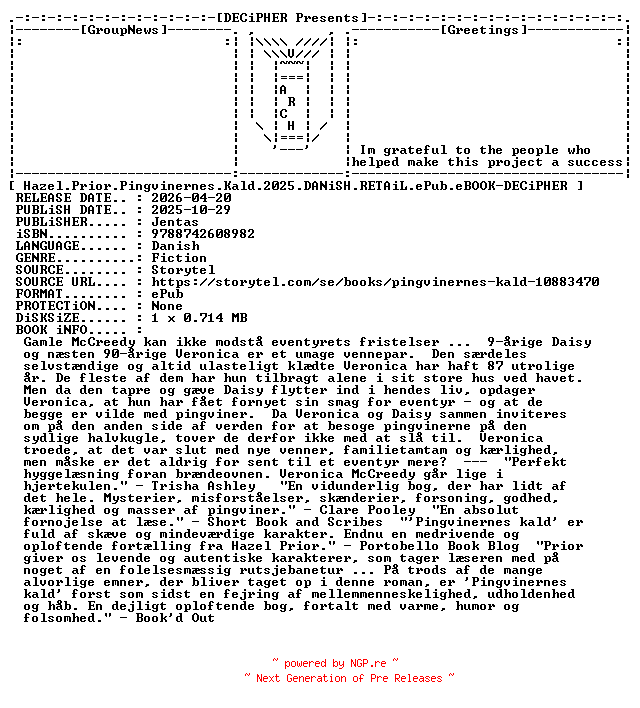 NFO for the release Hazel.Prior.Pingvinernes.Kald.2025.DANiSH.RETAiL.ePub.eBOOK-DECiPHER by DECiPHER