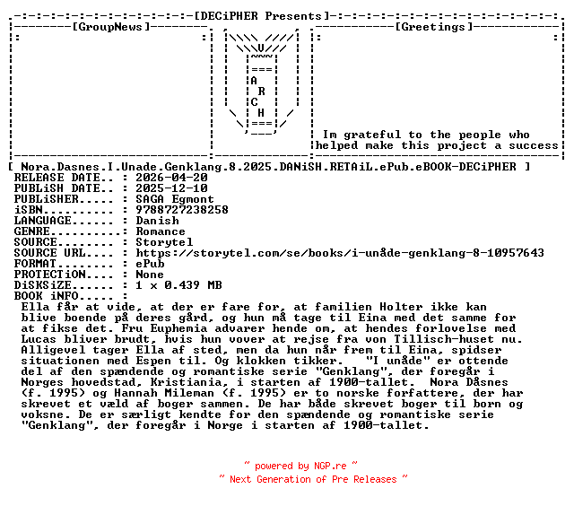 NFO for the release Nora.Dasnes.I.Unade.Genklang.8.2025.DANiSH.RETAiL.ePub.eBOOK-DECiPHER by DECiPHER