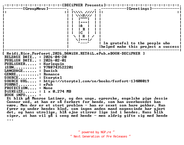 NFO for the release Heidi.Rice.Forfoert.2026.DANiSH.RETAiL.ePub.eBOOK-DECiPHER by DECiPHER