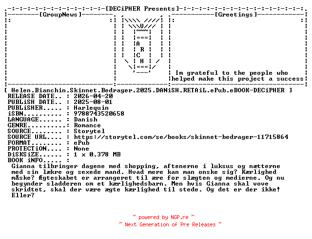 NFO for the release Helen.Bianchin.Skinnet.Bedrager.2025.DANiSH.RETAiL.ePub.eBOOK-DECiPHER by DECiPHER
