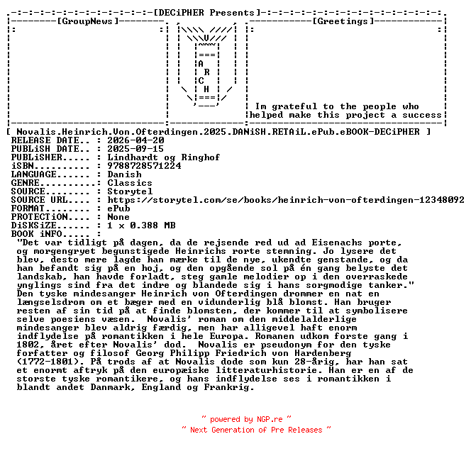 NFO for the release Novalis.Heinrich.Von.Ofterdingen.2025.DANiSH.RETAiL.ePub.eBOOK-DECiPHER by DECiPHER