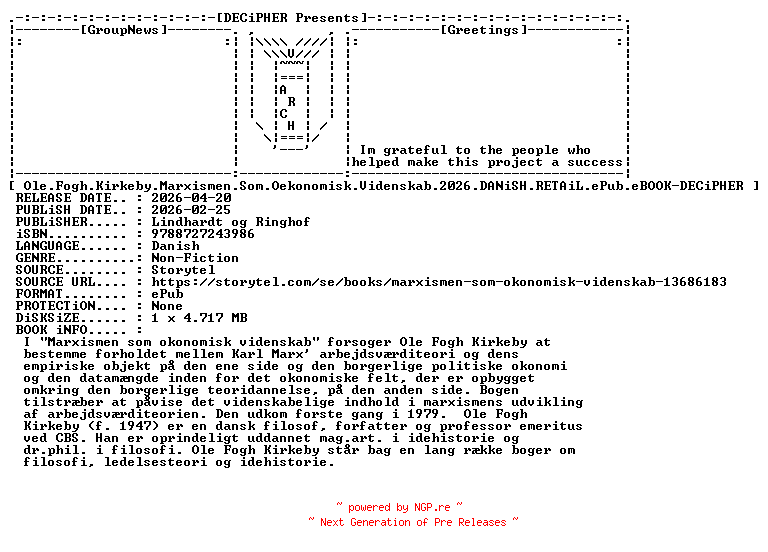 NFO for the release Ole.Fogh.Kirkeby.Marxismen.Som.Oekonomisk.Videnskab.2026.DANiSH.RETAiL.ePub.eBOOK-DECiPHER by DECiPHER