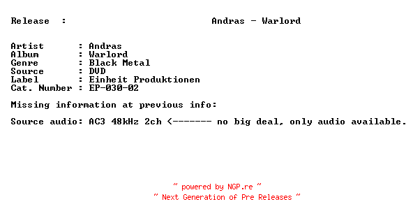 NFO for the release andras-warlord-(ep-030-02)-nfofix-bonus_dvd-2010 by 2010