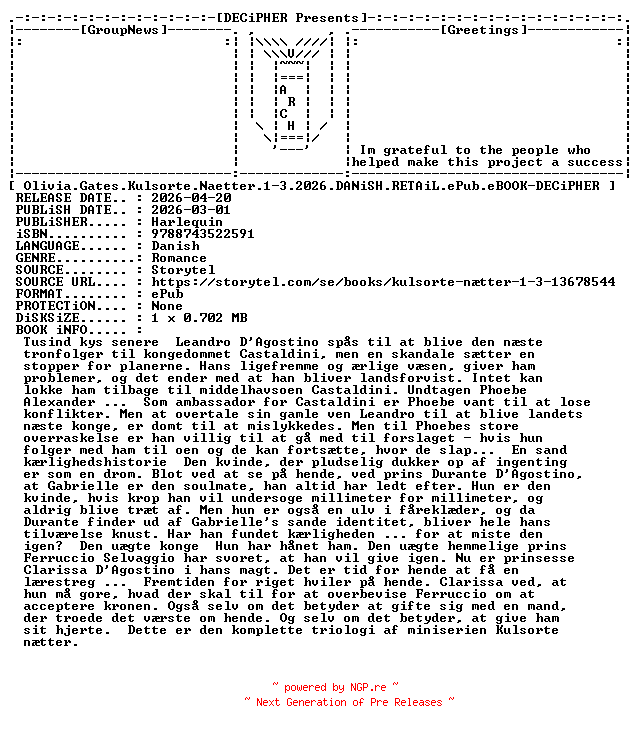 NFO for the release Olivia.Gates.Kulsorte.Naetter.1-3.2026.DANiSH.RETAiL.ePub.eBOOK-DECiPHER by DECiPHER