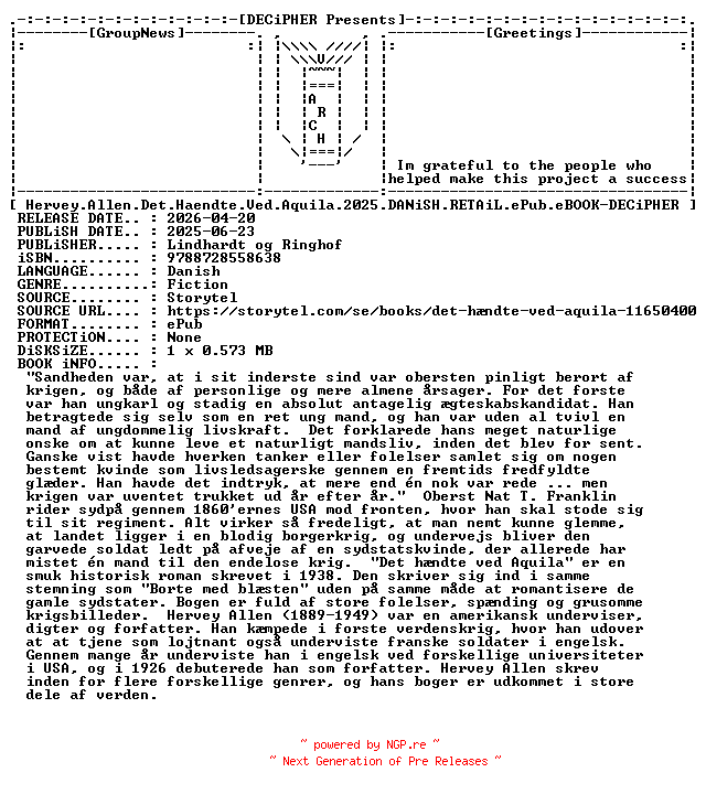 NFO for the release Hervey.Allen.Det.Haendte.Ved.Aquila.2025.DANiSH.RETAiL.ePub.eBOOK-DECiPHER by DECiPHER