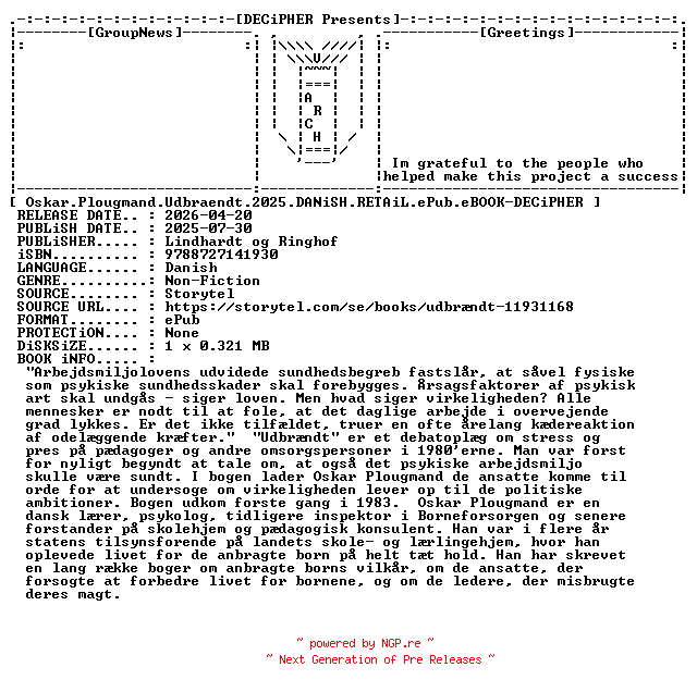 NFO for the release Oskar.Plougmand.Udbraendt.2025.DANiSH.RETAiL.ePub.eBOOK-DECiPHER by DECiPHER