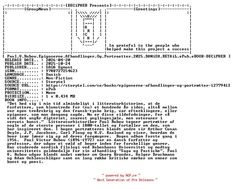 NFO for the release Paul.V.Rubow.Epigonerne.Afhandlinger.Og.Portraetter.2025.DANiSH.RETAiL.ePub.eBOOK-DECiPHER by DECiPHER