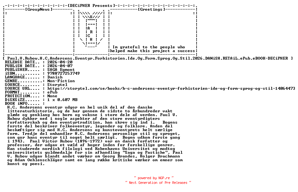 NFO for the release Paul.V.Rubow.H.C.Andersens.Eventyr.Forhistorien.Ide.Og.Form.Sprog.Og.Stil.2026.DANiSH.RETAiL.ePub.eBOOK-DECiPHER by DECiPHER
