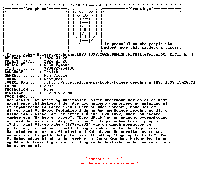 NFO for the release Paul.V.Rubow.Holger.Drachmann.1878-1897.2026.DANiSH.RETAiL.ePub.eBOOK-DECiPHER by DECiPHER