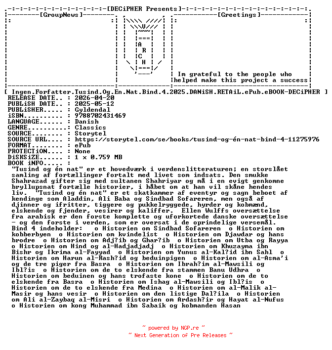 NFO for the release Ingen.Forfatter.Tusind.Og.En.Nat.Bind.4.2025.DANiSH.RETAiL.ePub.eBOOK-DECiPHER by DECiPHER